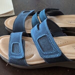 Clarks Navy Sandals with Tan Sole